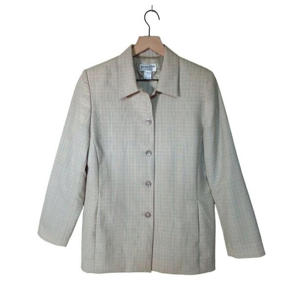 PENDLETON Vintage Tan Houndstooth Long Single Breasted Wool Blazer Jacket Sz 10 - Picture 1 of 5